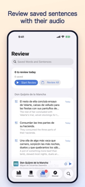 Review saved sentences with their audio